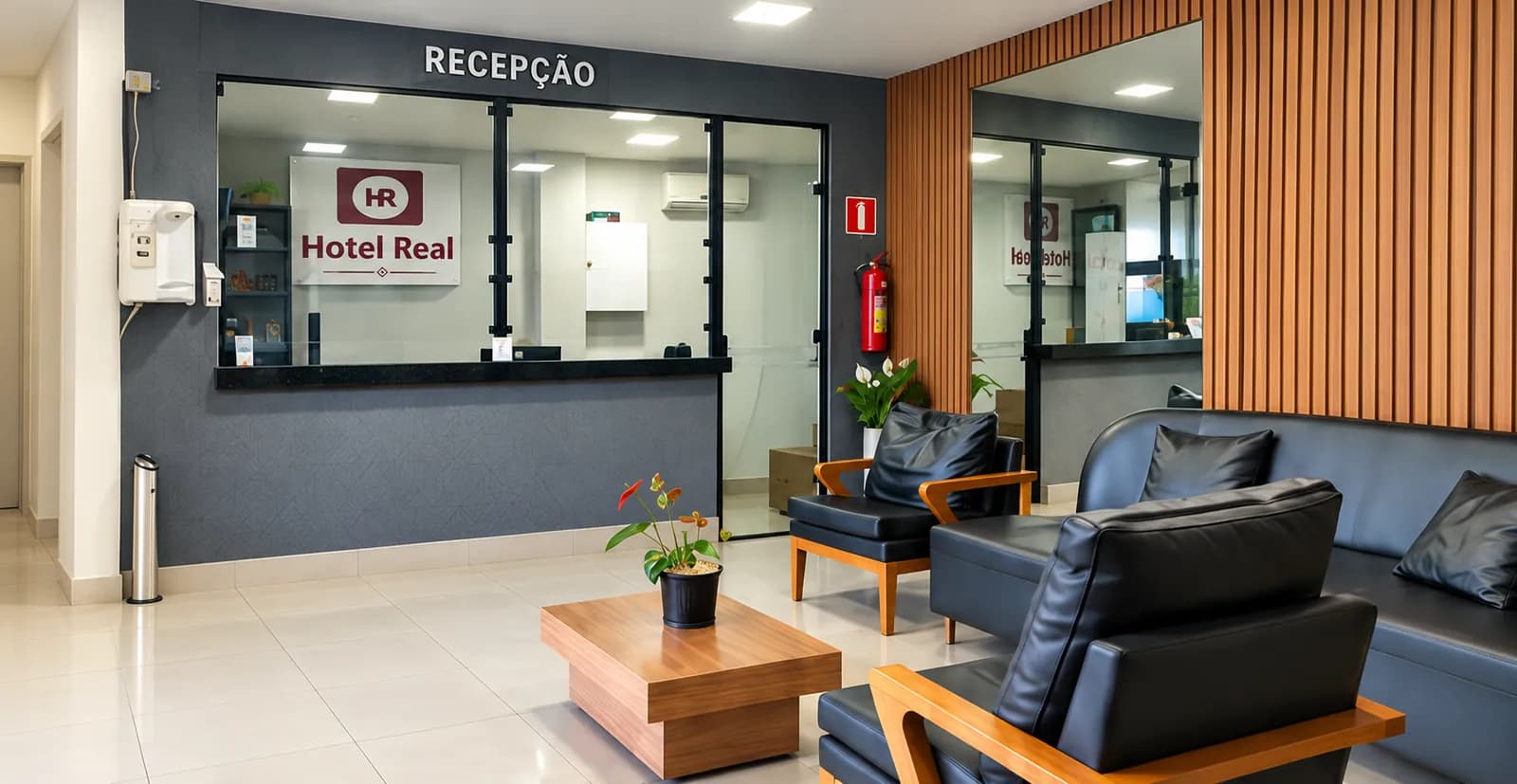 Recepção do Hotel Real, com balcão, poltronas e mesa de centro